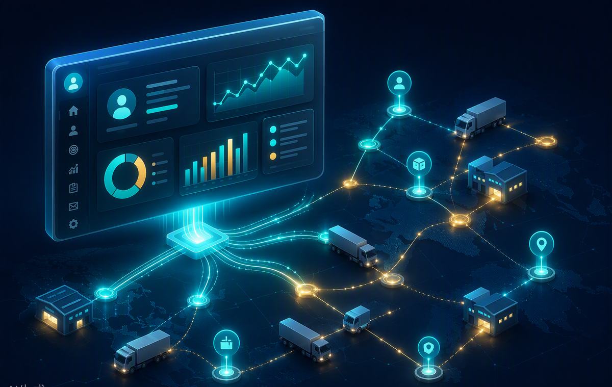Creatio CRM dashboard connected to a logistics network — abstract visualisation