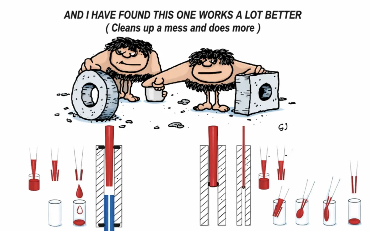 DRD’s caveman cartoon — the square wheel that cleans up a mess and does more — above a differential-pipetting diagram