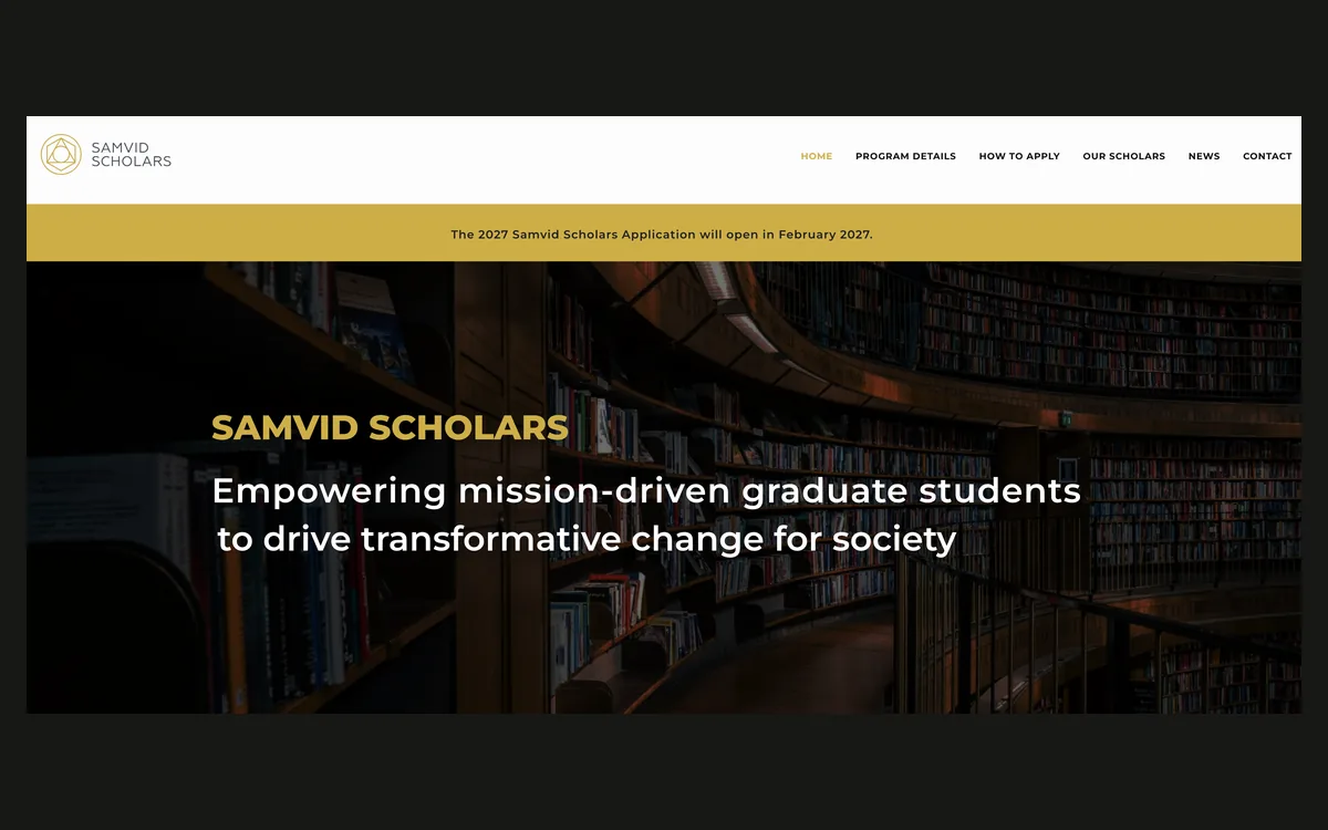Samvid Scholars homepage — masthead, seasonal application banner, and hero statement over a library photograph