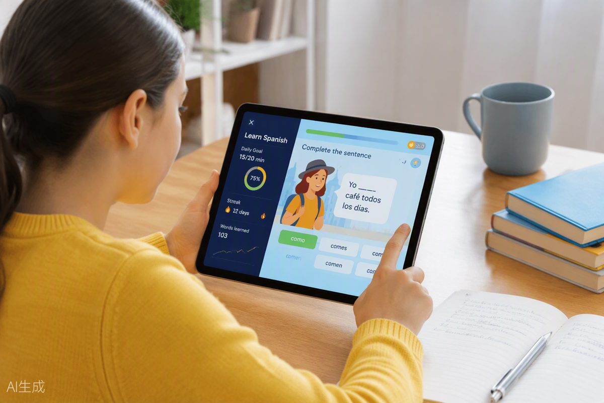 Student using a language-learning app on a tablet