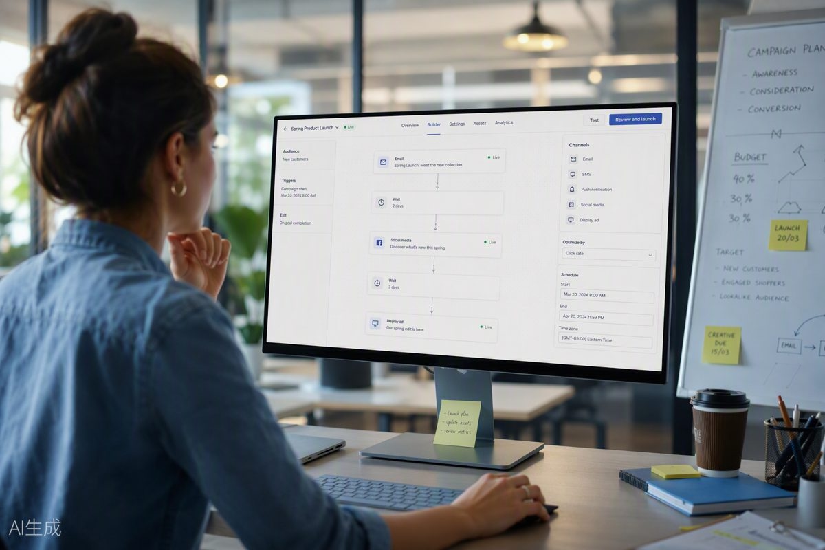 Marketing team building a cross-channel campaign in an automation platform